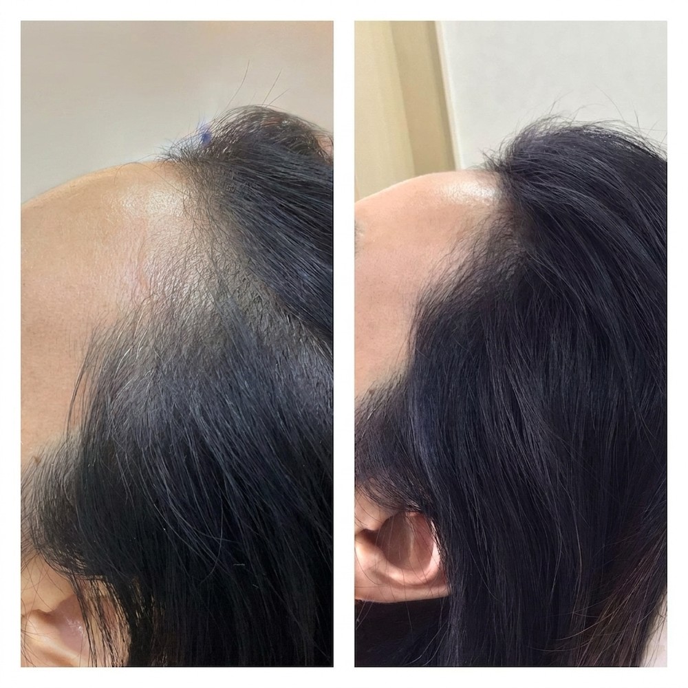 Evolução de tratamento de eflúvio telógeno feminino na linha frontal